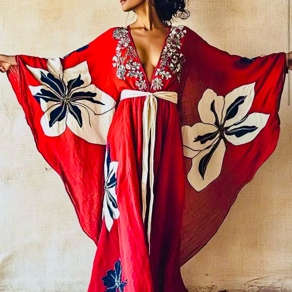 Gorgeous Red Floral Kimono / Robe (Fits XL Size 16) Spa Beauty Bundle - Picture 5 of 7